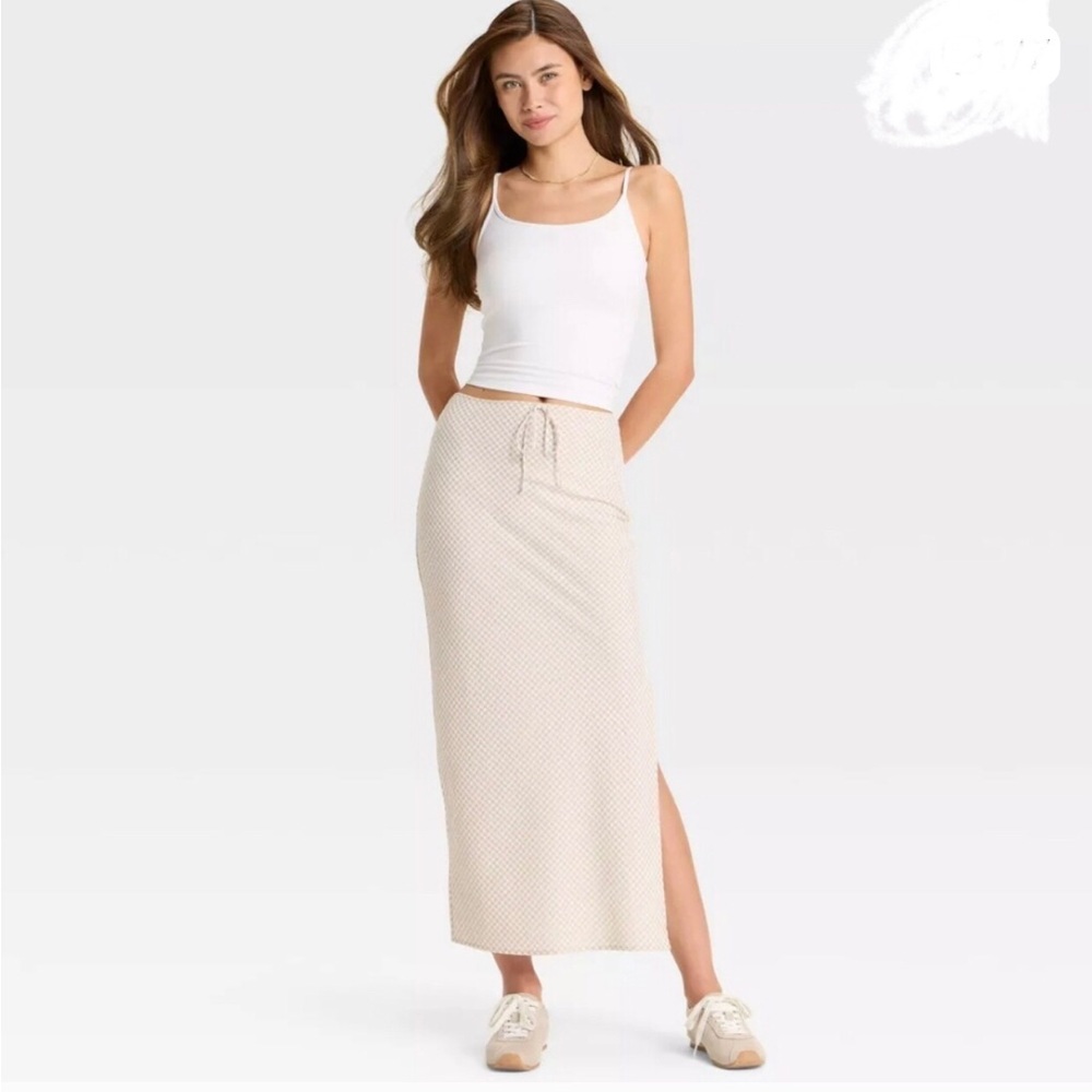Wild Fable Gingham Neutral Tan Cream Maxi Skirt relaxed fit bow XXL like new